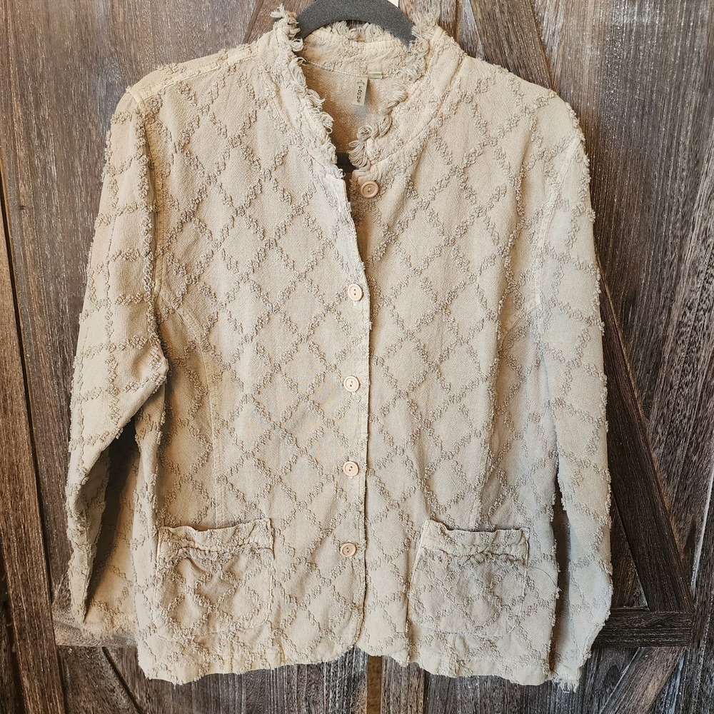 Focus Jacket Women's Size Large Beige Button Up Textured Diamond Print Fringe